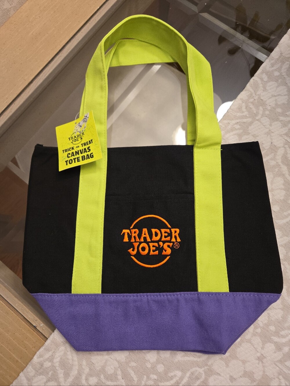 Trader Joe's Black Canvas Tote Bag with Lime Handles and Purple Base Happy 🎃